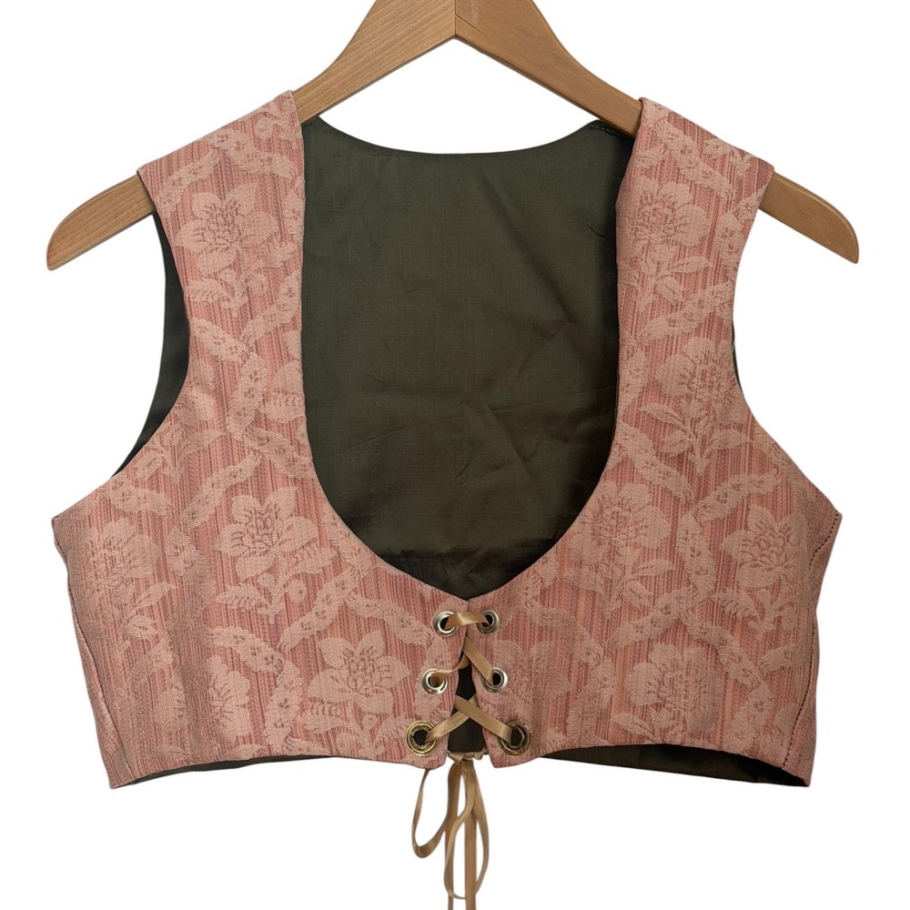Handmade Renaissance Reversible Bodice Vest Womens Size M Pink Olive Damask - Picture 2 of 9